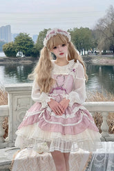 Robe Jsk Sweet Lolita en dentelle avec nœud papillon, broderie à volants multicouches, danse lumineuse flottante rose